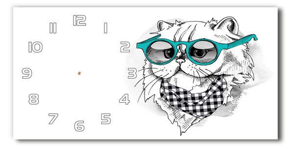 Ceas de perete orizontal din sticlă Cat cu ochelari