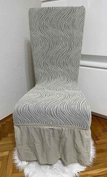 Set 6 huse elastice pentru scaune, cu volanas, model Jacquard Alb in dungi