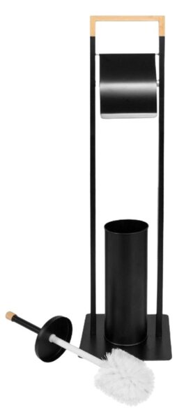 Suport hârtie igienică Jumi, cu perie WC, metal și bambus, 76.5x19x19 cm