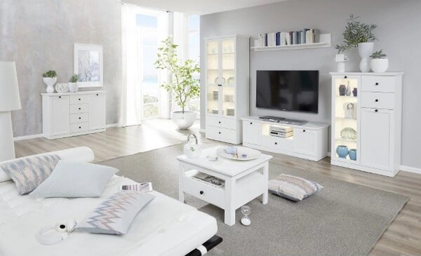 Vitrina living moderna BRANDSON, alb, PAL laminat, cu iluminare led, 8