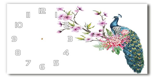 Ceas de perete orizontal din sticlă Peacock și flori