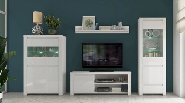 Vitrina living moderna LINGO, alb lucios, PAL laminat, cu iluminare LE