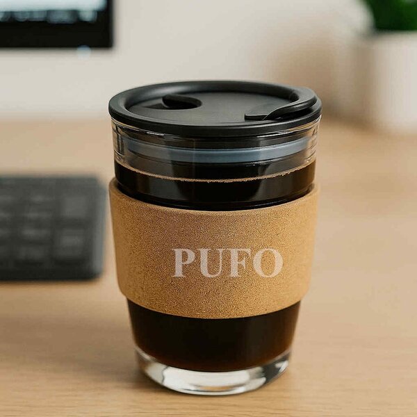 Cana de voiaj Pufo din sticla cu protectie termica de pluta pentru cafea sau ceai, 300 ml, transparent
