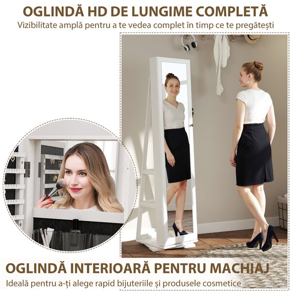 HOMCOM Oglindă Suport pentru Bijuterii, Oglindă de podea Pivotantă Modernă pentru Dormitor, 38x38x160 cm, Alb | Aosom Romania