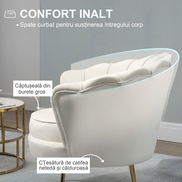 HOMCOM Fotoliu Vintage Crem din Catifea pentru Dormitor Sufragerie sau Birou Design Retro Elegant | Aosom Romania