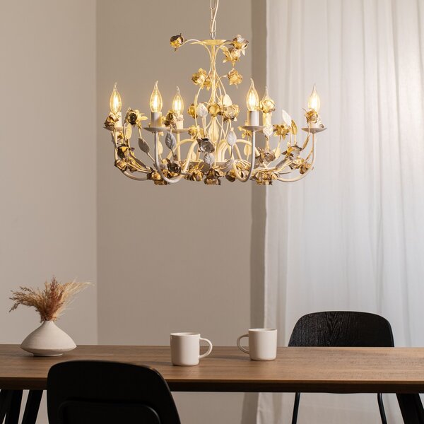 ONLI Candelabru Carolina, culoarea fildeșului, 6 becuri, fier, reglabil, Alb, Camera de zi / sufragerie, Metal, Florentin