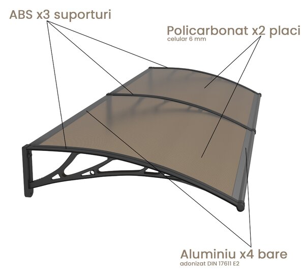 Copertină PREMIUM 200x120 cm, placă 6 mm dintr-o bucată – Negru/Bronz
