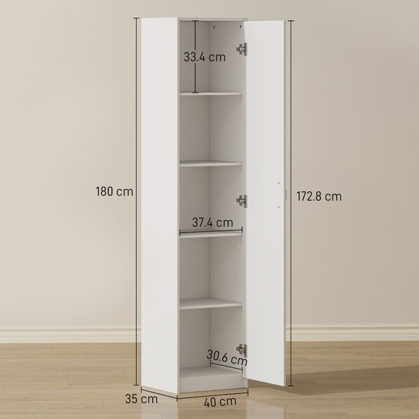 HOMCOM Dulap de Bucătărie Înalt Slim 180 cm, Mobilier cu 5 Rafturi și Ușă Soft Close, Anti-Răsturnare, Rafturi Reglabile, Mobilier Modern pentru Bucătărie, Alb | Aosom Romania