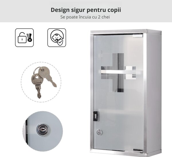 HOMCOM Dulap pentru Medicamente, Design Modern, Sticlă și Oțel, cu Ușă și 2 Chei, 48x25cm | Aosom Romania