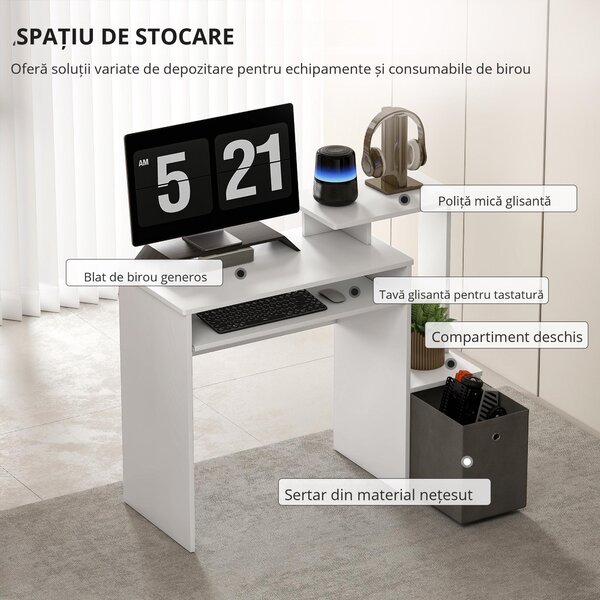 HOMCOM Birou Modern pentru PC cu Etajeră, Suport pentru Tastatură, Blat şi Sertar din Ţesătură, 100x40x86.6 cm, Alb | Aosom Romania