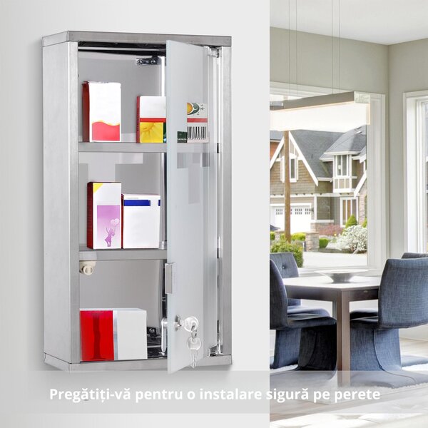HOMCOM Dulap pentru Medicamente, Design Modern, Sticlă și Oțel, cu Ușă și 2 Chei, 48x25cm | Aosom Romania