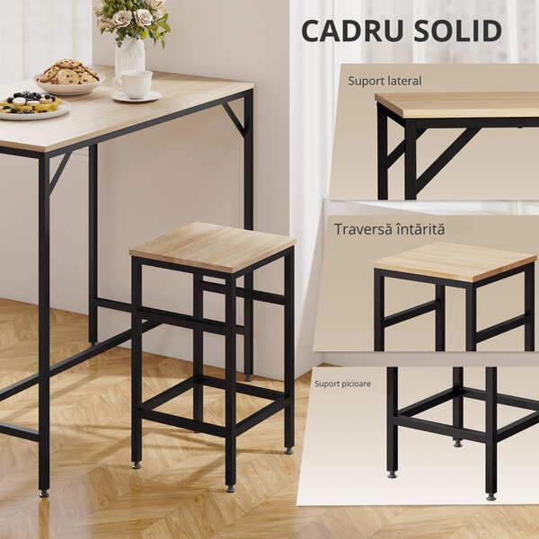 Set Masă Înaltă cu 4 Scaune HOMCOM în Stil Industrial, Metal și Lemn, Stejar Deschis, Perfect pentru Dining | Aosom România