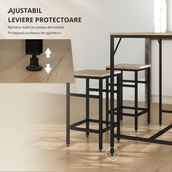Set Masă Înaltă cu 4 Scaune HOMCOM în Stil Industrial, Metal și Lemn, Stejar Deschis, Perfect pentru Dining | Aosom România