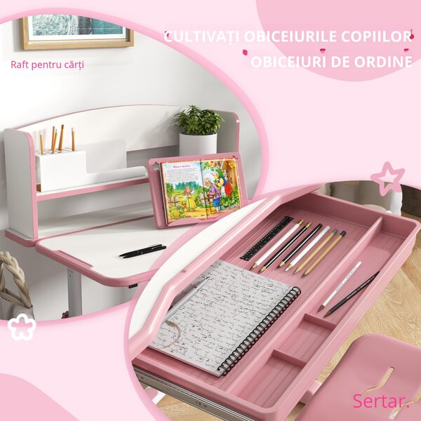 Set Birou si Scaun pentru Copii Reglabil in Inaltime cu Sertar, Raft pentru Carti, pentru 6-12 ani - Roz ZONEKIZ | Aosom Romania