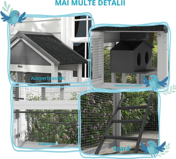 PawHut Colivie pentru Psari, Voliera de Exterior din Lemn pentru Pasari cu Suporturi, Colivie, Scara, Tavita Glisanta pentru Cinteze, Papagali