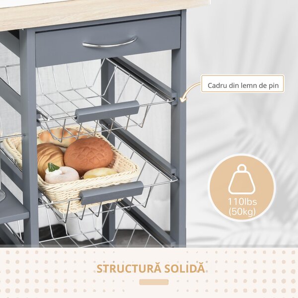 HOMCOM Cărucior de Bucătărie Gri Închis, 1 Sertar, 4 Coșuri Metalice, 2 Etajere, MDF, Lemn de Pin, Metal, 47x37x83cm | Aosom Romania