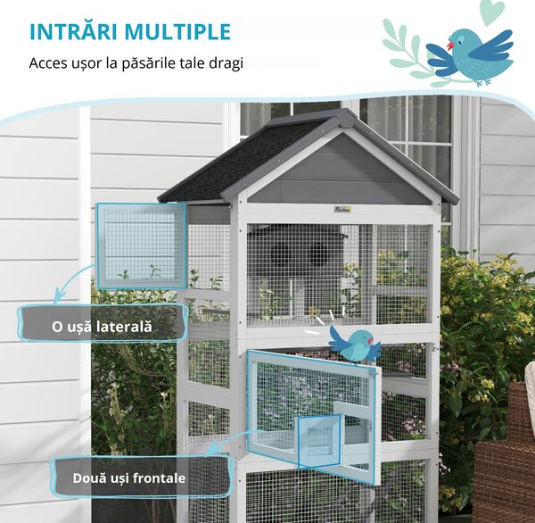 PawHut Colivie pentru Psari, Voliera de Exterior din Lemn pentru Pasari cu Suporturi, Colivie, Scara, Tavita Glisanta pentru Cinteze, Papagali