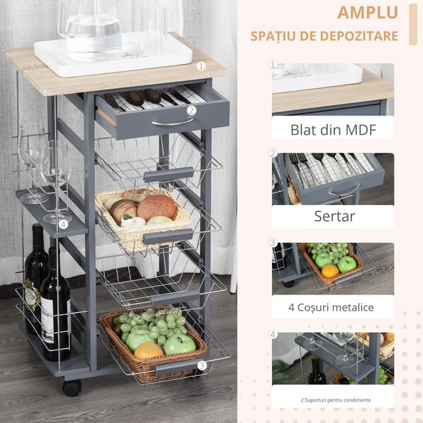 HOMCOM Cărucior de Bucătărie Gri Închis, 1 Sertar, 4 Coșuri Metalice, 2 Etajere, MDF, Lemn de Pin, Metal, 47x37x83cm | Aosom Romania