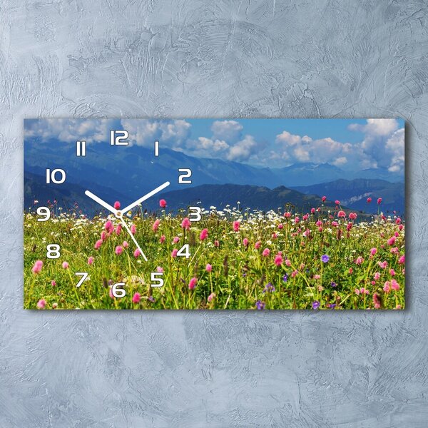 Ceas de perete orizontal din sticlă Meadow în munți