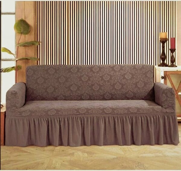 Husa elastica pentru canapea 3 locuri, cu volanas, model Jacquard, Maro Deschis