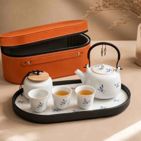 Set ceai premium ,ROYAL MINI din portelan lucios, ceainic 200 ml, 3 cupe, recipient si tava 27x12cm