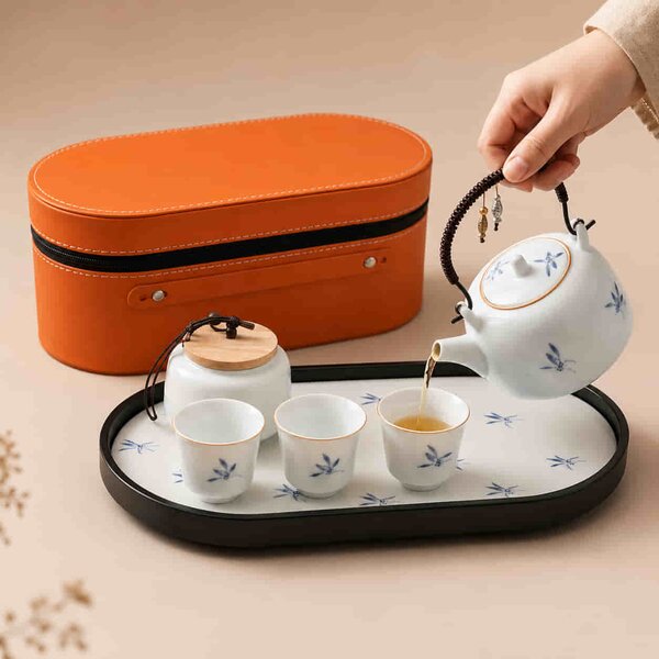 Set ceai premium ,ROYAL MINI din portelan lucios, ceainic 200 ml, 3 cupe, recipient si tava 27x12cm