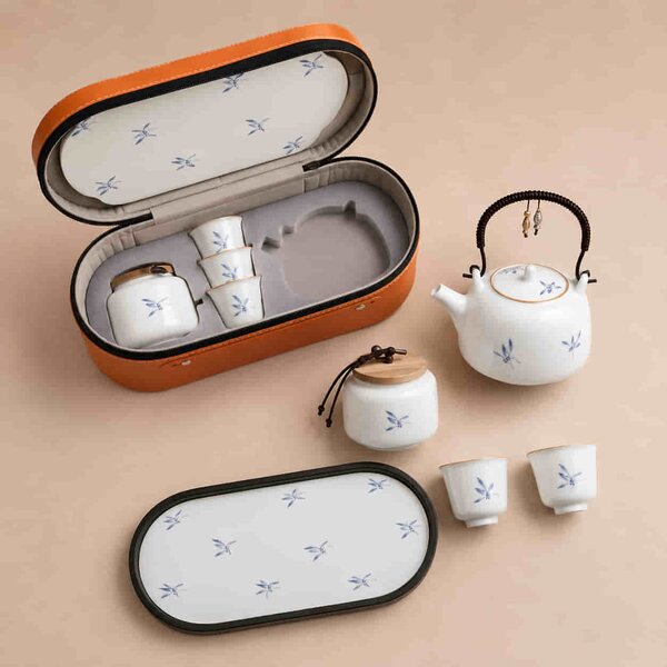Set ceai premium ,ROYAL MINI din portelan lucios, ceainic 200 ml, 3 cupe, recipient si tava 27x12cm