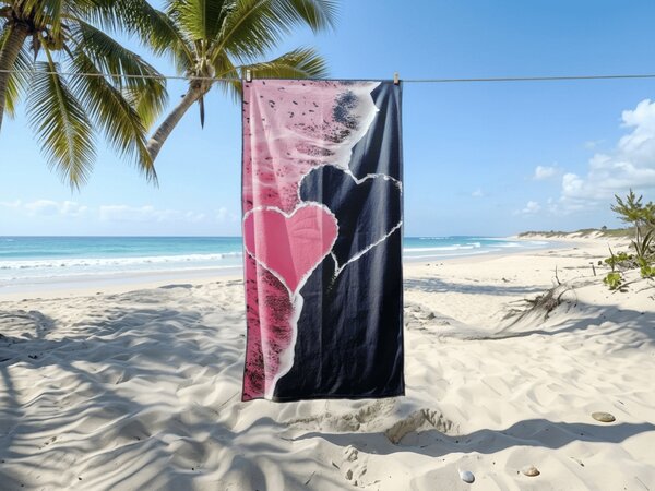 Prosop de plaja cu uscare rapida SEA OF HEARTS roz-negru 70 x 140 cm, 100% microfibra