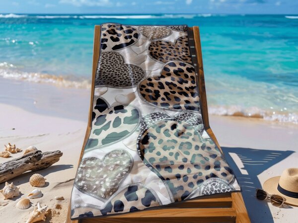 Prosop de plaja cu uscare rapida LEOPARD HEARTS maro-alb 70 x 140 cm, 100% microfibra