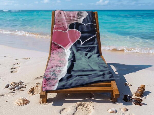 Prosop de plaja cu uscare rapida SEA OF HEARTS roz-negru 70 x 140 cm, 100% microfibra