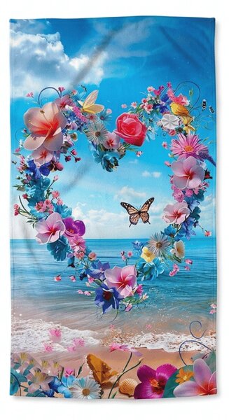 Prosop de plaja cu uscare rapida FLOWER LOVE colorat 70 x 140 cm, 100% microfibra