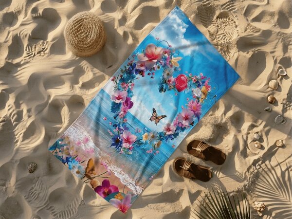 Prosop de plaja cu uscare rapida FLOWER LOVE colorat 70 x 140 cm, 100% microfibra