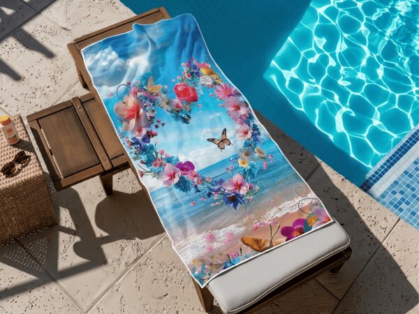 Prosop de plaja cu uscare rapida FLOWER LOVE colorat 70 x 140 cm, 100% microfibra