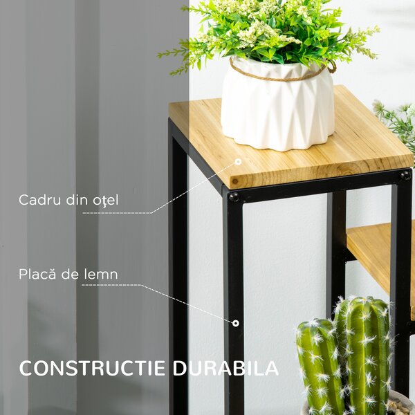 Outsunny Raft pentru Plante cu 4 niveluri din Metal și Lemn de Brad pentru Interior și Exterior, 34x34x66 cm, Natural | Aosom Romania