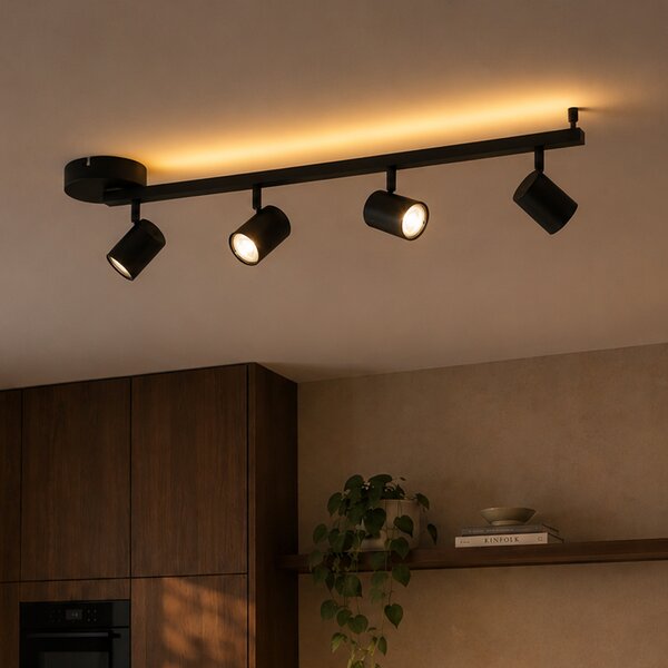 Spot de tavan modern negru cu 4 lumini GU10 50mm, inclusiv iluminare de fundal și întrerupător cu 3 căi - Back Up