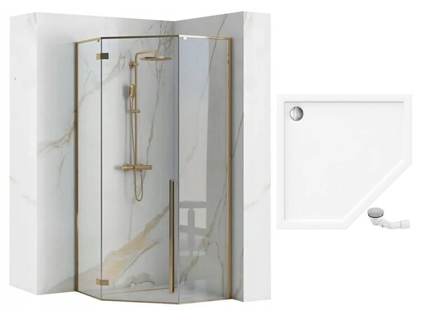 Rea Diamond Gold, cabină de duș pentagonală 90 x 90 cm, sticlă transparentă de 6 mm, auriu strălucitor, REA-K4904
