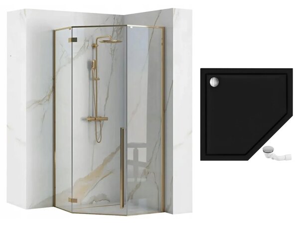 Rea Diamond Gold, cabină de duș pentagonală 90 x 90 cm, sticlă transparentă de 6 mm, auriu strălucitor, REA-K4904
