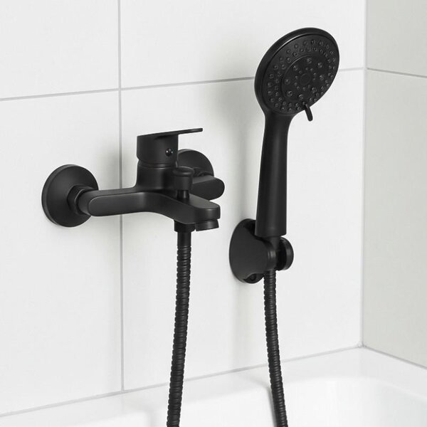 Erga Astat, baterie de cadă cu montare pe perete și set de duș manual, negru mat, ERG-YKA-BW.ASTAT-W-BLK22