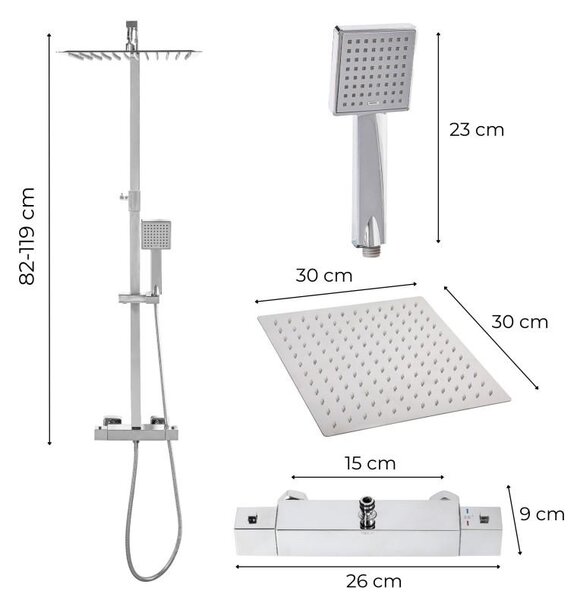 Erga Goba, set de dus cu baterie termostatica, dus cu efect de ploaie 30x30cm, crom, ERG-YKA-BP.GOBA-THERM-30-CHR