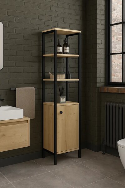 Dulap Charlie pentru baie culoare stejar si negru 162 cm