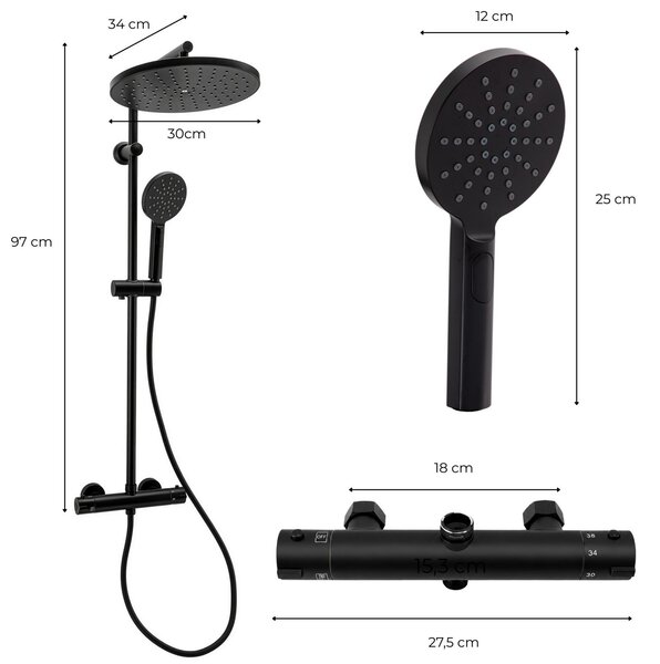 Erga Dubai, set de duș cu baterie termostatică și duș fix de 30 cm, negru mat, ERG-YKA-BP.DUBAJ-THERM-30-BLK
