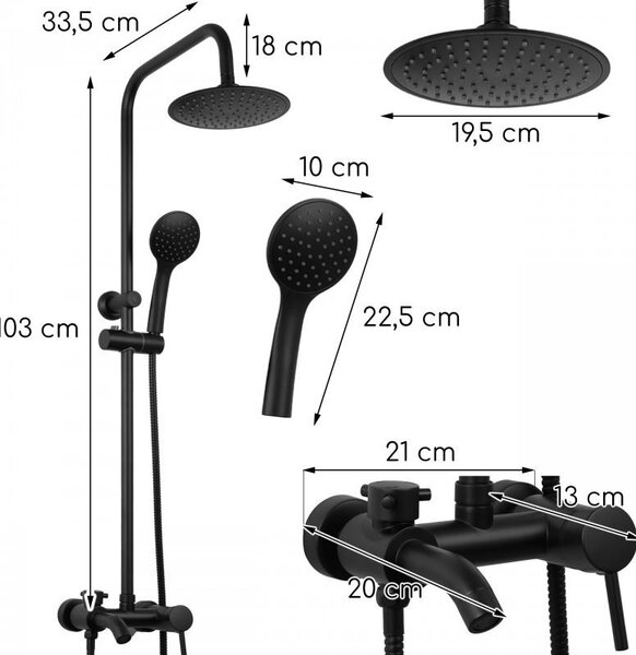 Erga Mutabi, set de duș cu baterie, cap de duș 20 × 20 cm și pipă, negru mat, ERG-YKA-BP.MUTABI-20-BLK