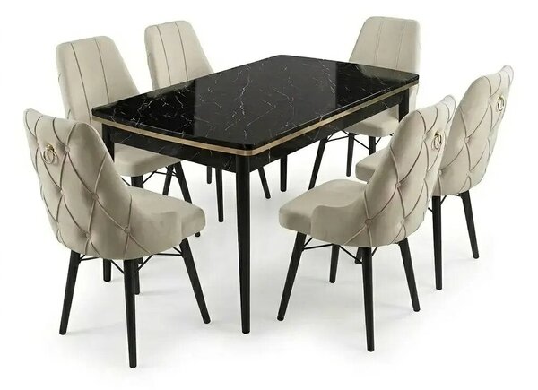 Leo Set Masa Extensibila (Negru Marmura) 80x 135 (80 x 178) Si Scaun 6 Buc