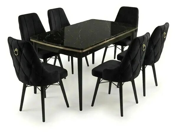 Leo Set Masa Extensibila (Negru Marmura) 80x 135 (80 x 178) Si Scaun 6 Buc