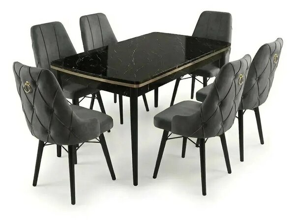 Leo Set Masa Extensibila (Negru Marmura) 80x 135 (80 x 178) Si Scaun 6 Buc