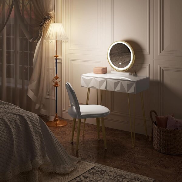 SEA461 - Set Masa toaleta 80 cm cosmetica machiaj, oglinda cu LED, masuta vanity, cu taburet - Alb