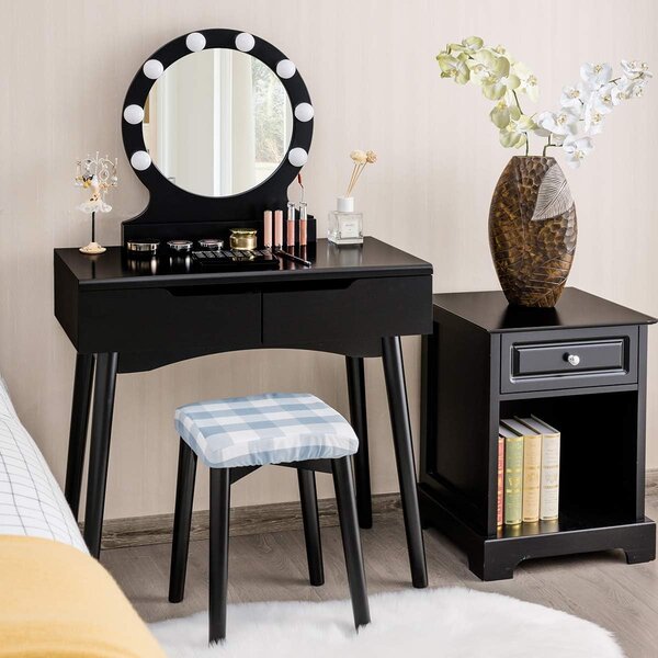 SEN228 - Set Masa toaleta, 80 cm, cosmetica machiaj oglinda cu LED, masuta vanity, scaunel, taburet tapitat - Negru