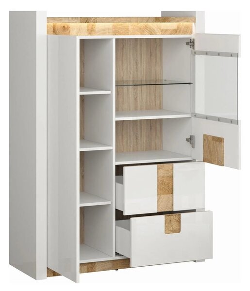 Vitrina ALAMEDA, alb/stejar, PAL/sticla securizata, 102x41x141 cm