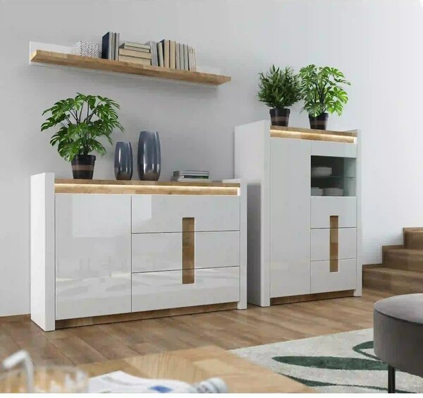 Vitrina ALAMEDA, alb/stejar, PAL/sticla securizata, 102x41x141 cm