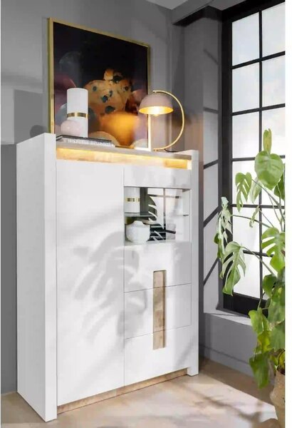 Vitrina ALAMEDA, alb/stejar, PAL/sticla securizata, 102x41x141 cm